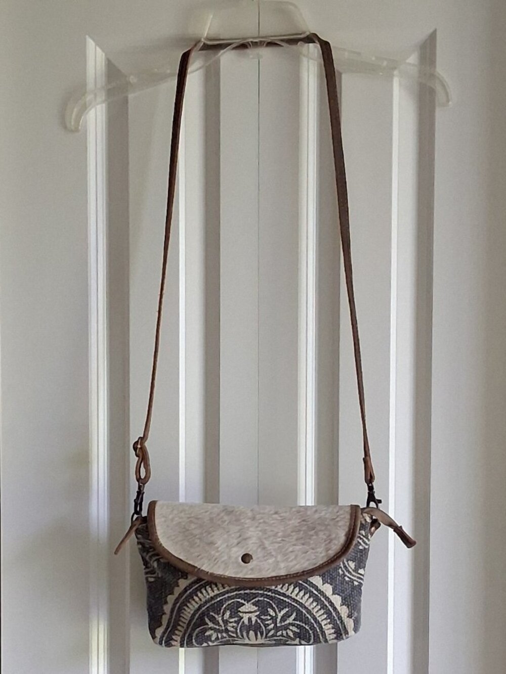 Myra Bag Ancient Arch Blue/Cream Floral Canvas/Leather/Cowhide Adj Strap Purse